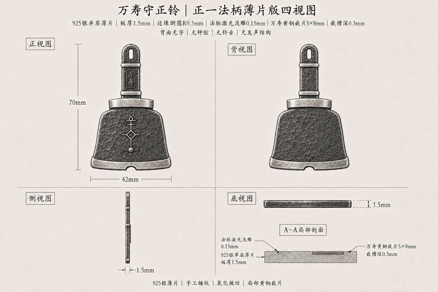 万寿守正铃四视图与结构尺寸说明